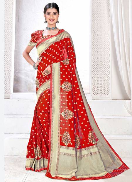Red Orange Colour Fancy Designer Pure Jaquard silk Party Wear Heavy Saree Collection 1002